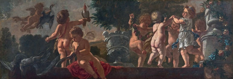 Putti falconers and putti making the rounds by Italian School of 17th Century 