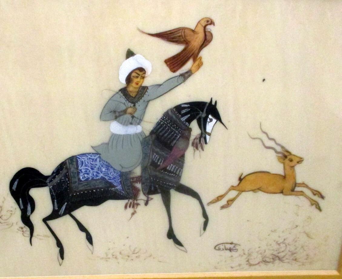 PERSIAN MIDDLE EASTERN PAINTING Artist Signed Hunter FALCON Horse Framed
