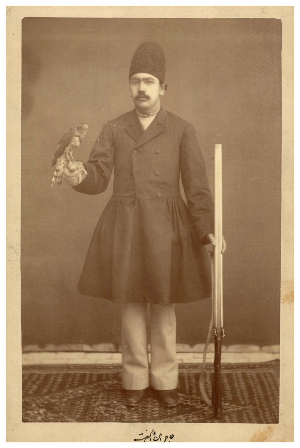 Portrait of Qajar elite, hunter or falconer, Persia Late Qajar period, Persia.