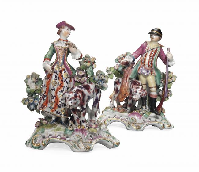 Lot 272 A PAIR OF BOW FIGURES OF A HUNTSMAN AND A LADY FALCONER CIRCA 1765, 