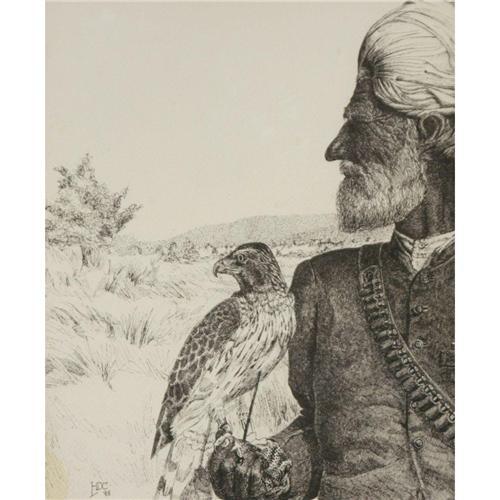 146 HDC Pen & Ink Falconer signed by LL
