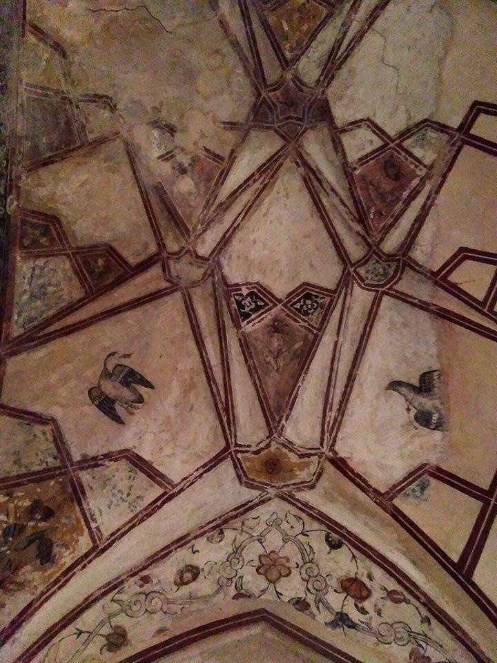 A Trained Gos Chasing a Duck! A partially-damaged fresco in the Mughal Royal Baths (Shahi Hammam), C