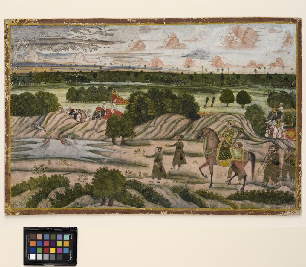 A Nawab and his retainers on a hunting expedition, c.1780 (opaque watercolor and gold on paper)