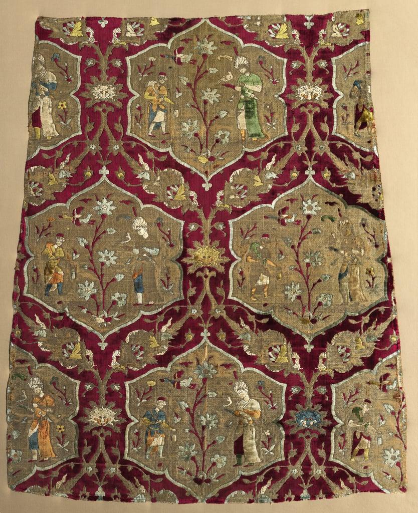 Brocaded velvet with falconer and attendant in animated lattice, from a robe mid 1500s 