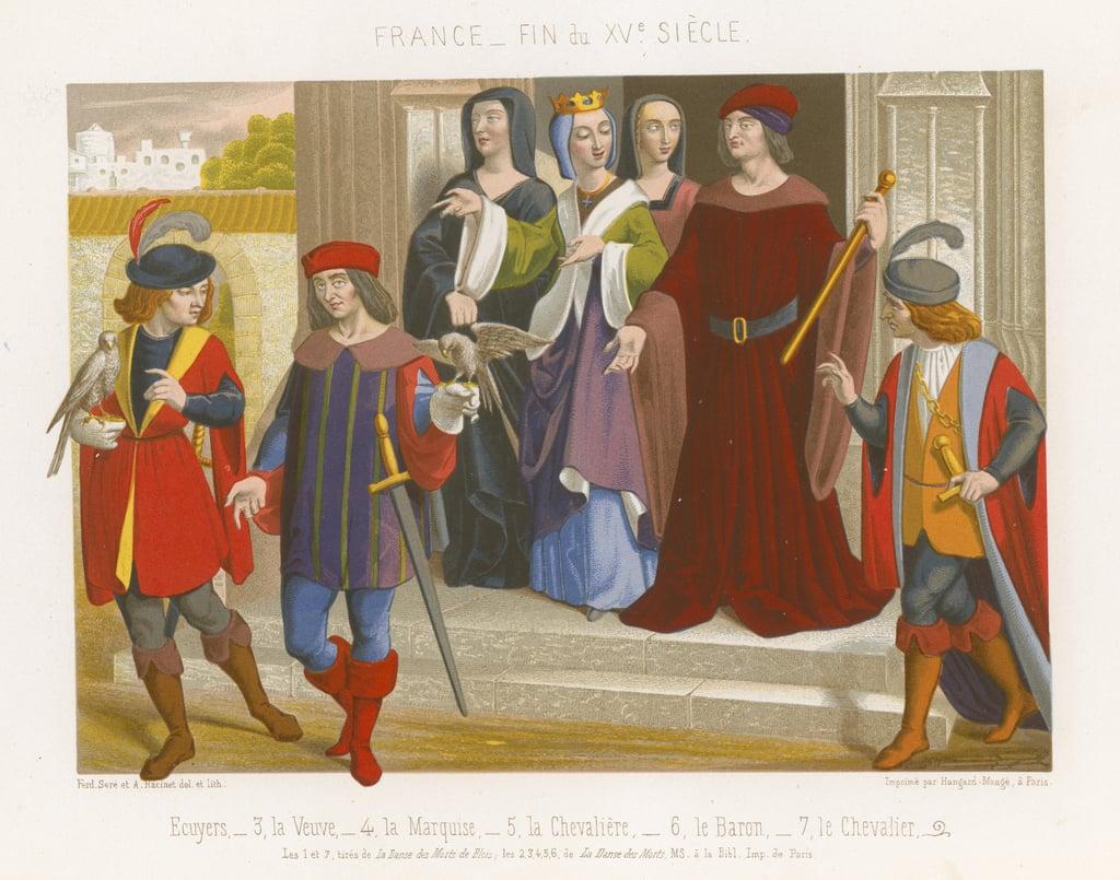 A group of people in 15th-century fashions 