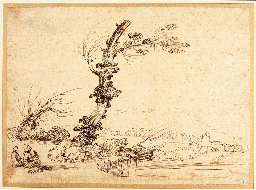 Landscape with falconers by a tree by Guercino