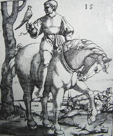 Young Falconer on horse with a hawk in 16th century