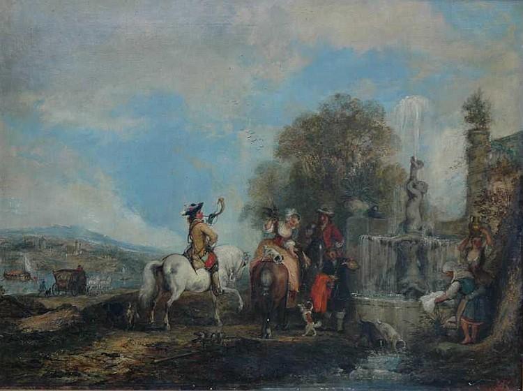 Henry Andrews (1794-1868) A hawking party at a fountain
